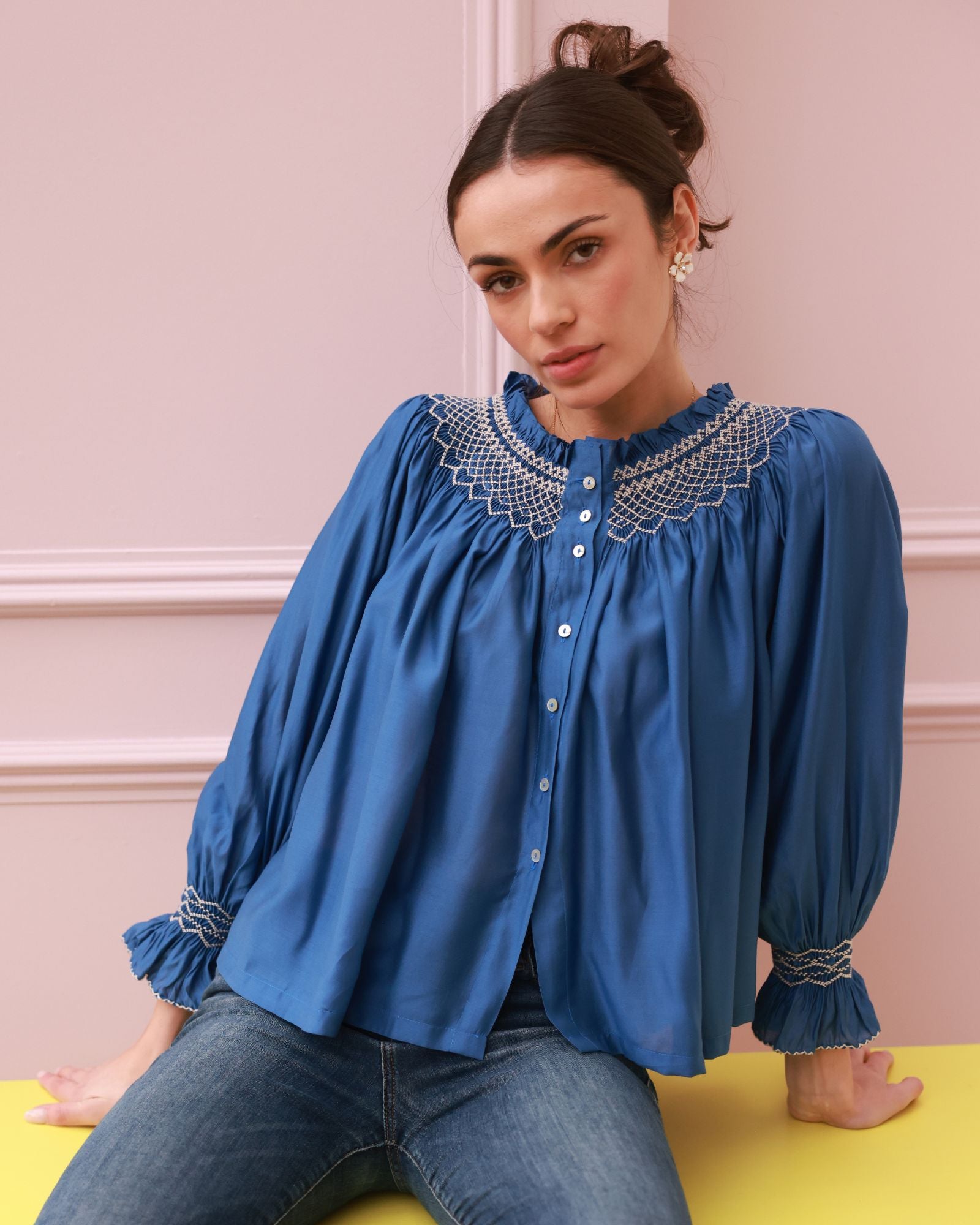 Cleopatra Blouse Cobalt Silk Cotton Sapphire with Vanilla Hand Smocking Edition 33