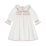 2-3y Samantha Varvel x Smock London Nightingale Girls Dress Moonstone White with Candy Cane Trim and Holly Hand Smocking