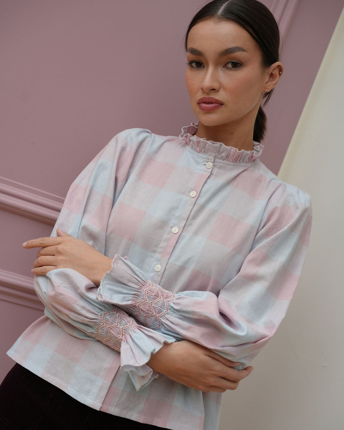 Shelley Blouse Sunset Gingham with Raspberry Ripple Hand Smocking Edition 24