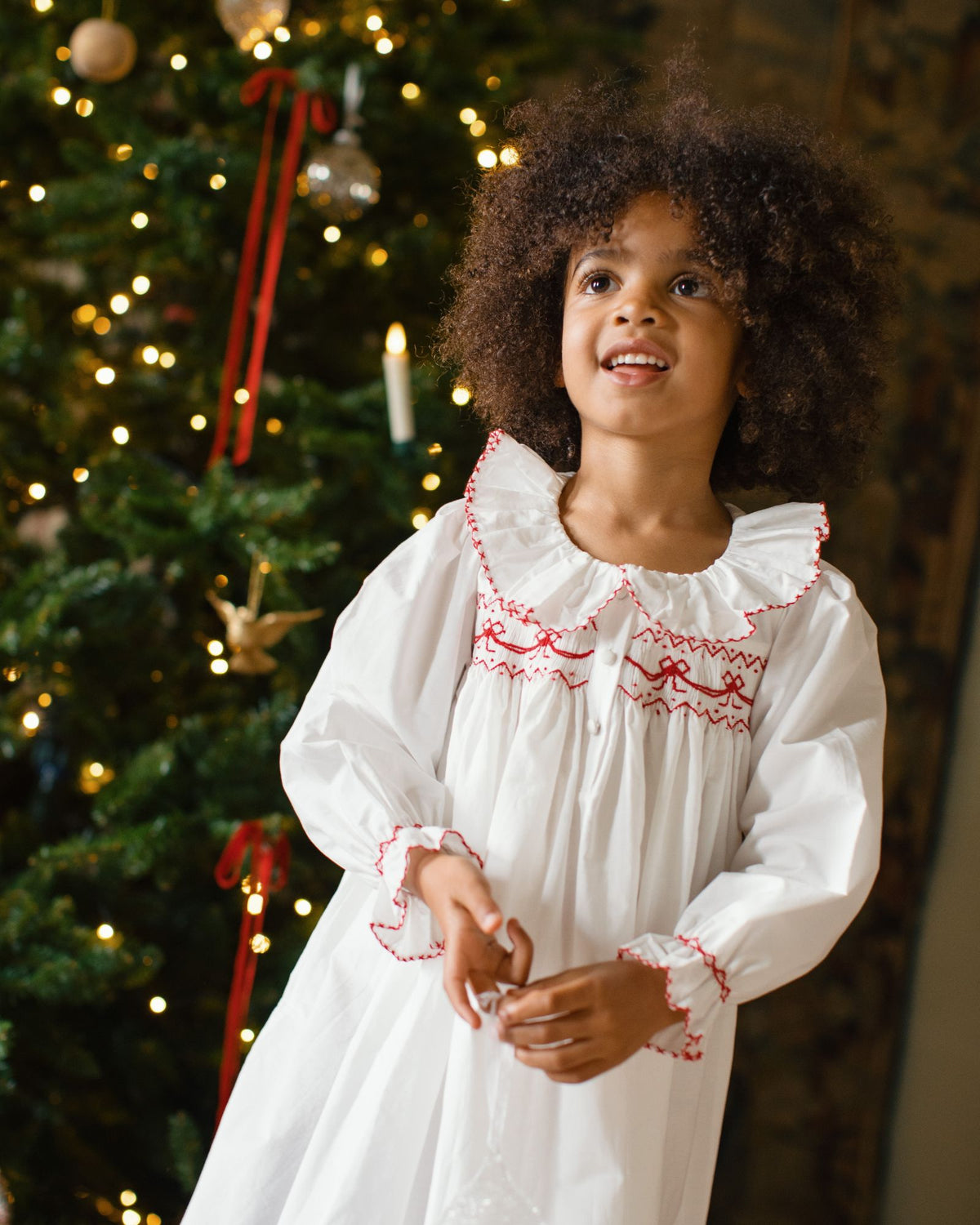 Nightingale Girls Dress Moonstone with Scarlet Bows Hand Smocking