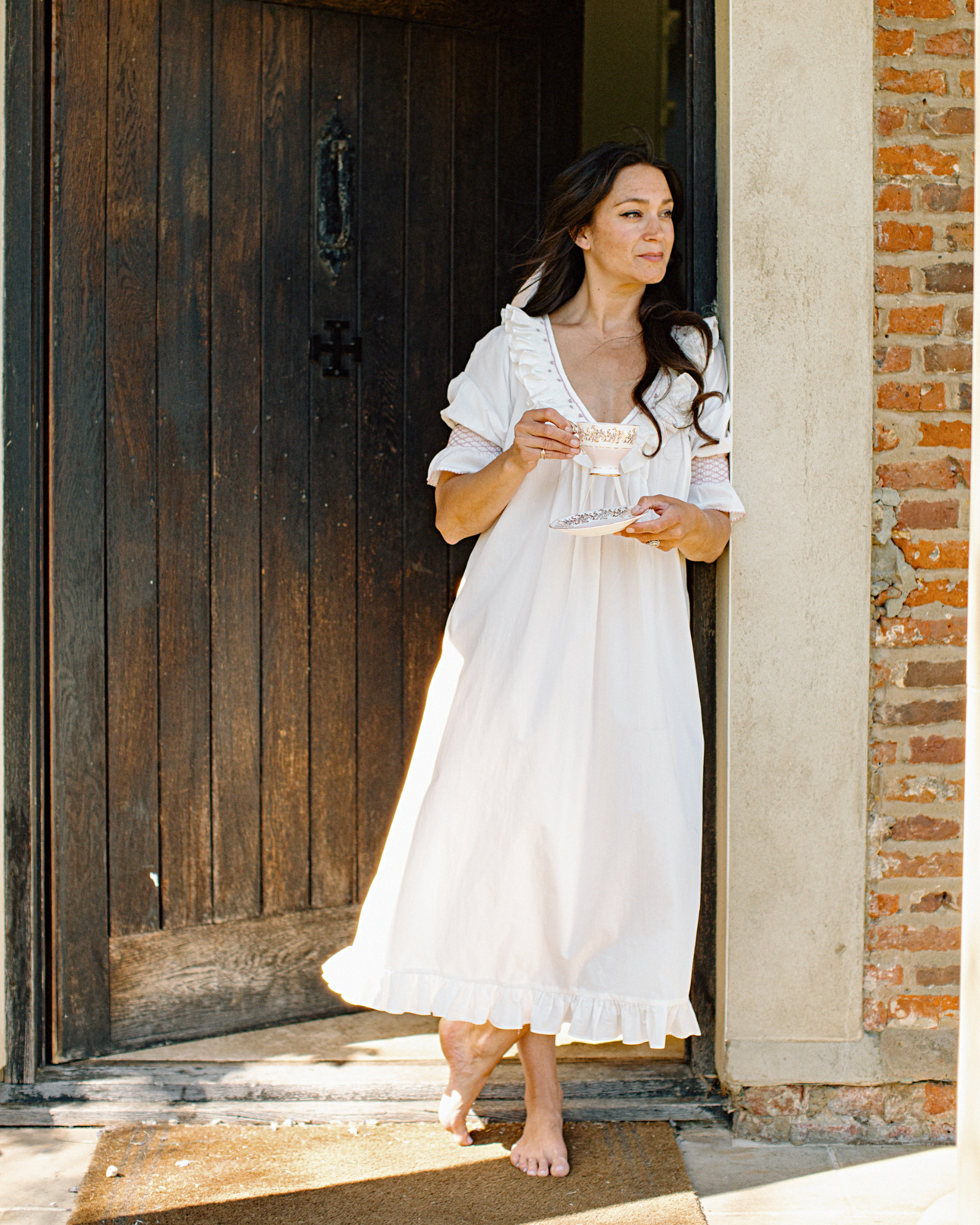 My Mulberry House x Smock London Beth Night Gown White Cotton with Dusty Pink Rose Lattice Hand Smocking