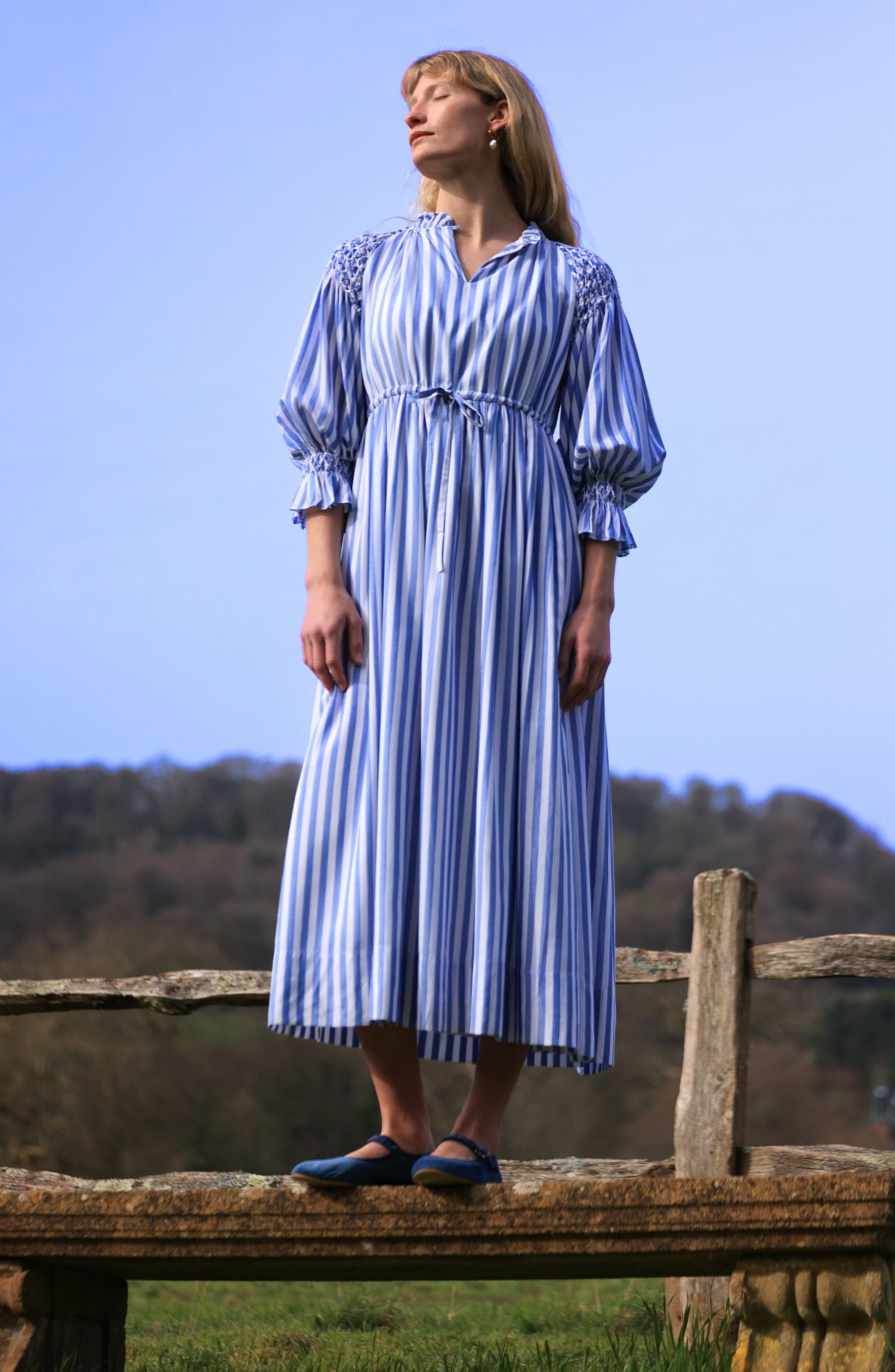 Aloha Wanderwell Dress Ocean Stripe with White Honeycomb Hand Smocking