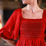 Ella Fitzgerald Women's Dress Crimson Silk-Cotton with Sleigh Bell Hand Smocking