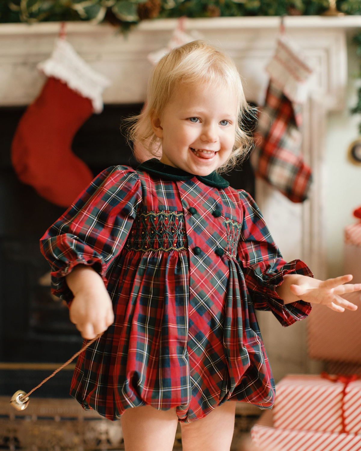 Thatcher Romper McDonald Tartan with Green and Glitter Hand Smocking