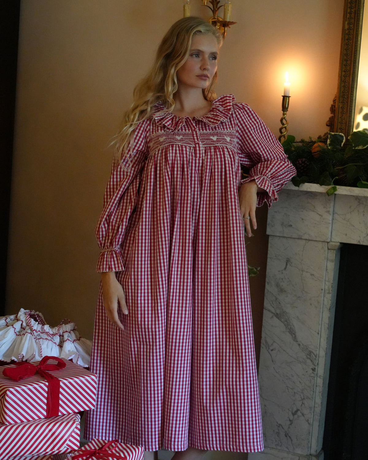 Nightingale Women's Dress Crimson Gingham with Snow Angel Hand Smocking