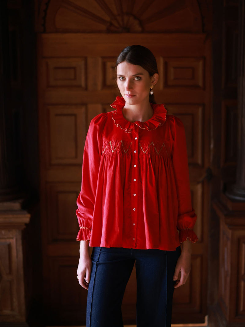 Betsy Fry Blouse Crimson Needlecord with Gold Coin Hand Smocking