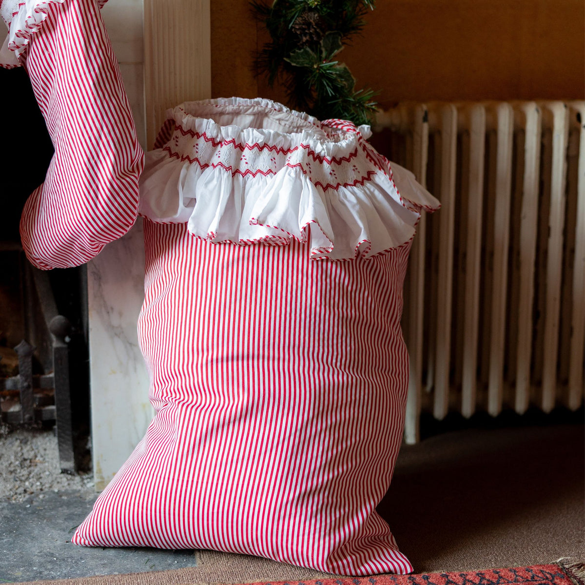 Edit58 x Smock London Candy Cane Stripe Sack with Candy Cane Hand Smocking