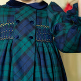 Margaret Thatcher Dress Black Watch Tartan with Golden Glimmer Hand Smocking