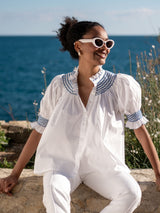 Scholl Women's Summer Blouse White with Sapphire Hand Smocking