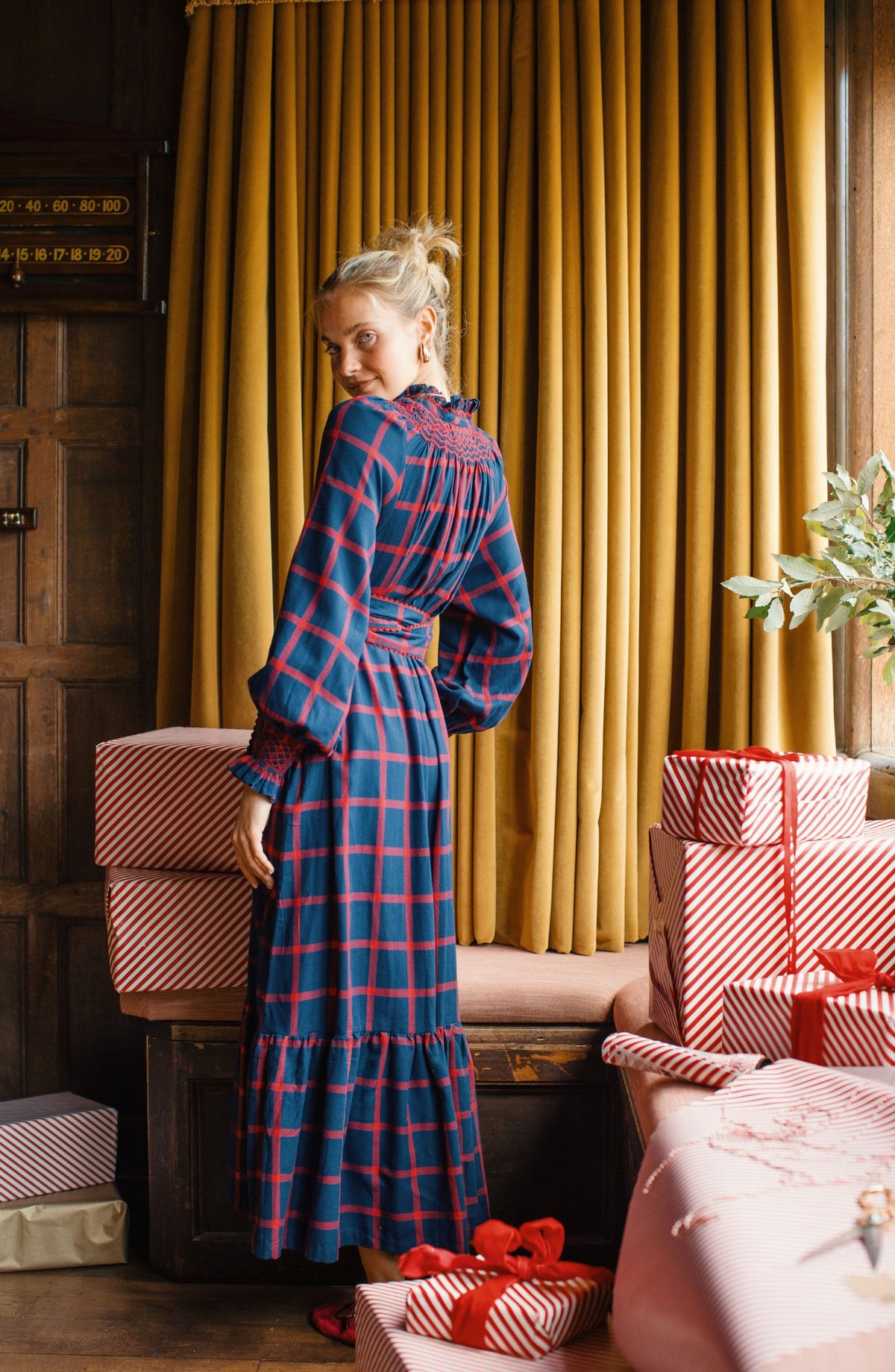 Colette Dress Chelsea Check with Crimson Hand Smocking