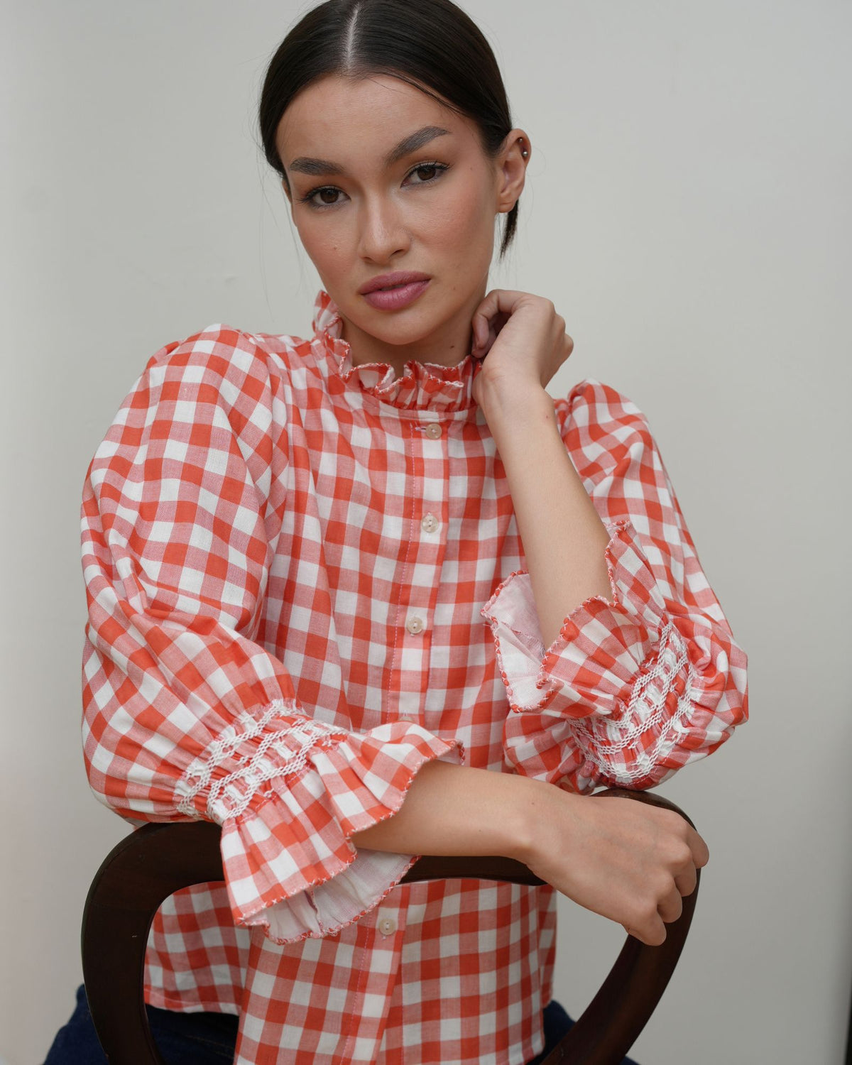 Shelley Blouse Tomato Check with Sail Boat Hand Smocking Edition 27