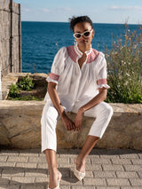 Scholl Women's Summer Blouse White with Pillar Box Red Hand Smocking