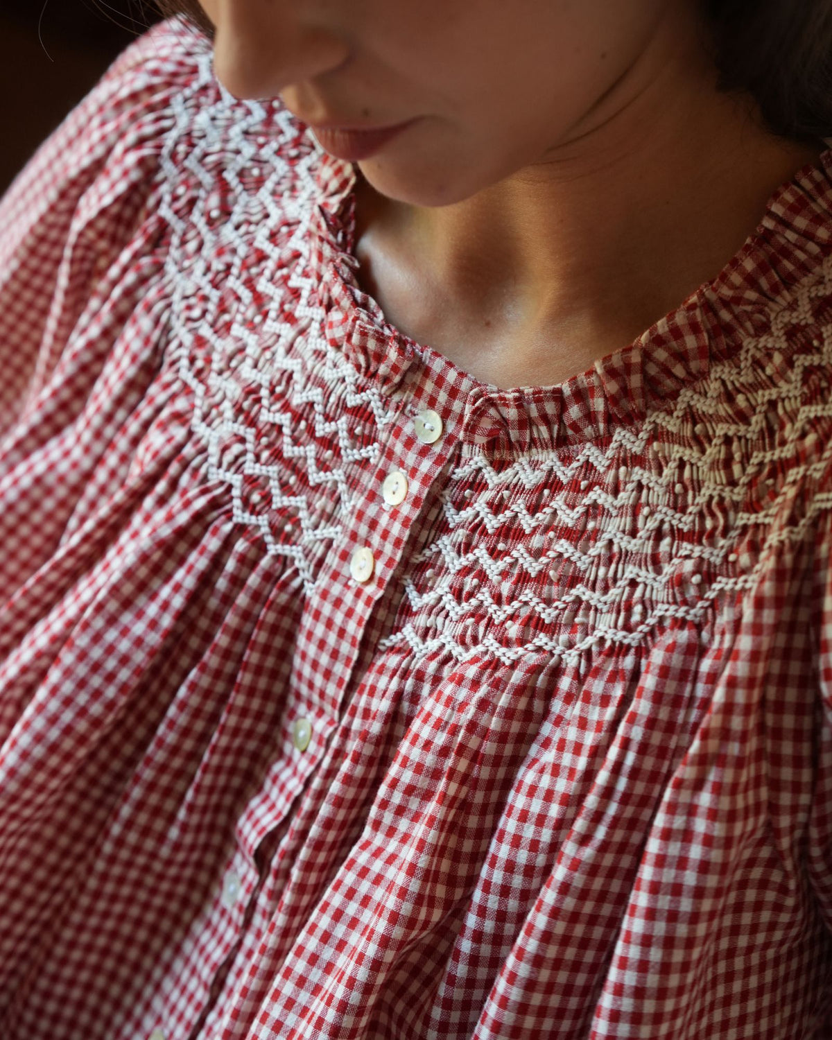 Cleopatra Blouse Red Apple Vichy with Cream Hand Smocking Edition 48