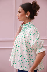 Scholl Blouse Frog Polka cotton with Jade Hand Smocking Edition 59