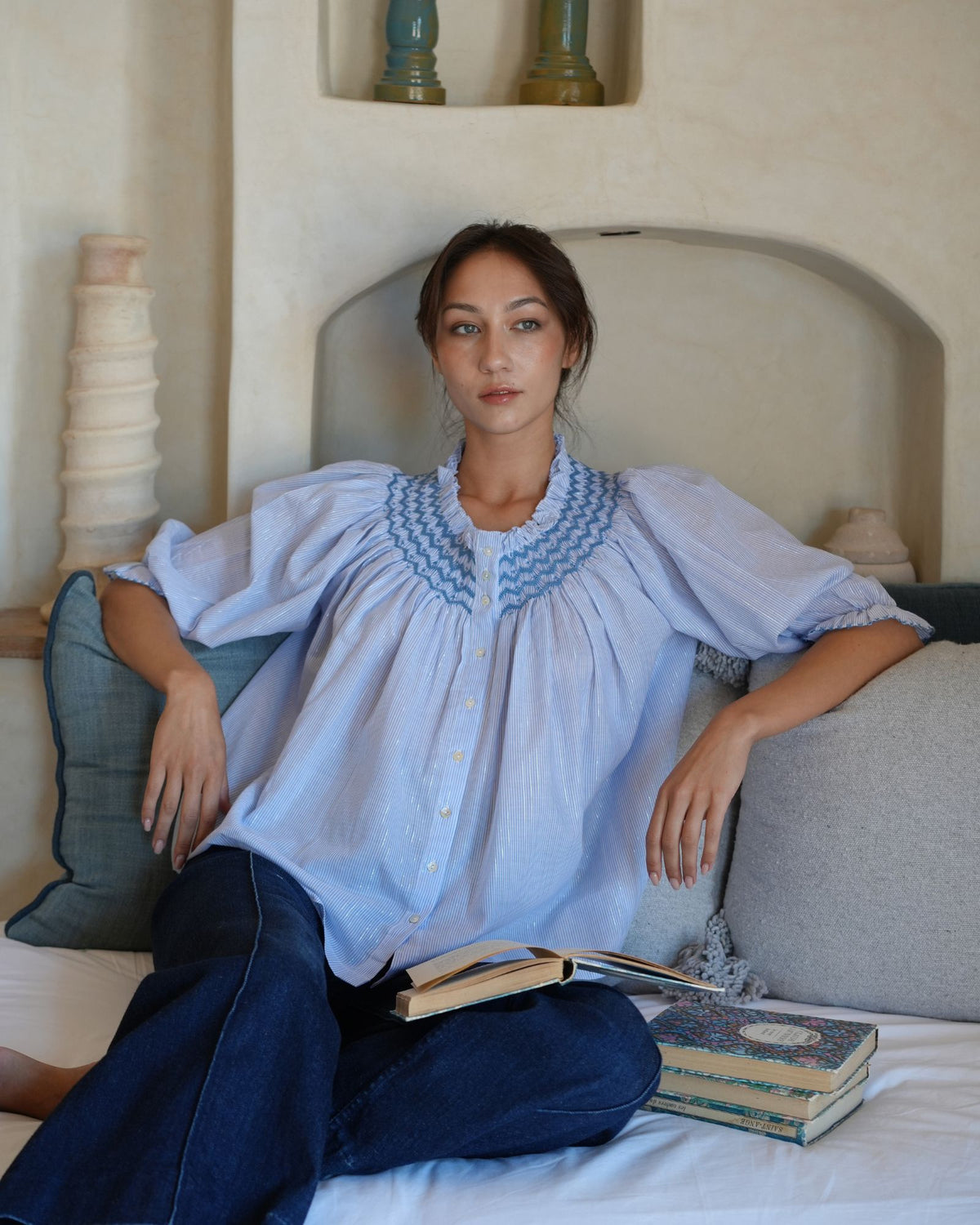 Cleopatra Blouse Silver Linings Stripe with Sapphire Hand Smocking Edition 52