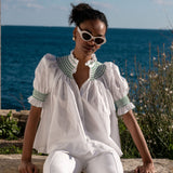 Scholl Women's Summer Blouse White with Green Apple Hand Smocking