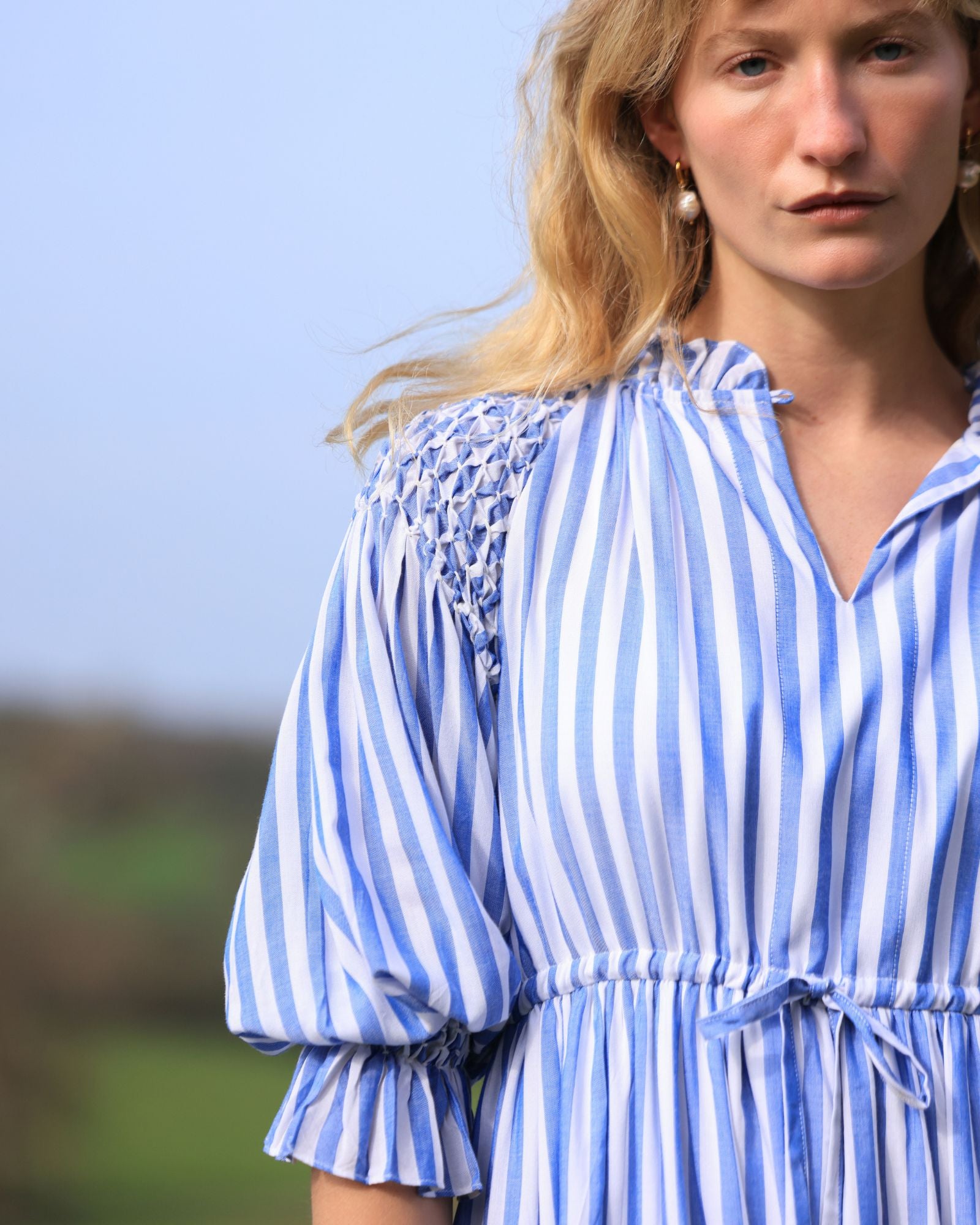 Aloha Wanderwell Dress Ocean Stripe with White Honeycomb Hand Smocking