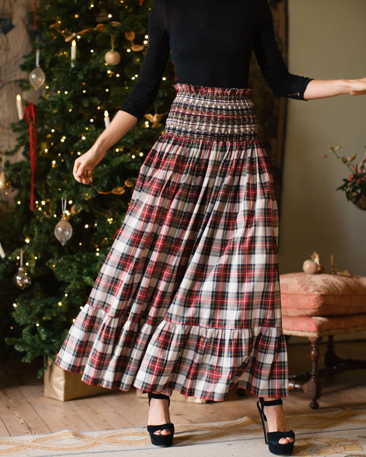 Sullivan Women's Skirt Royal Tartan with Black Gold Hand Smocking