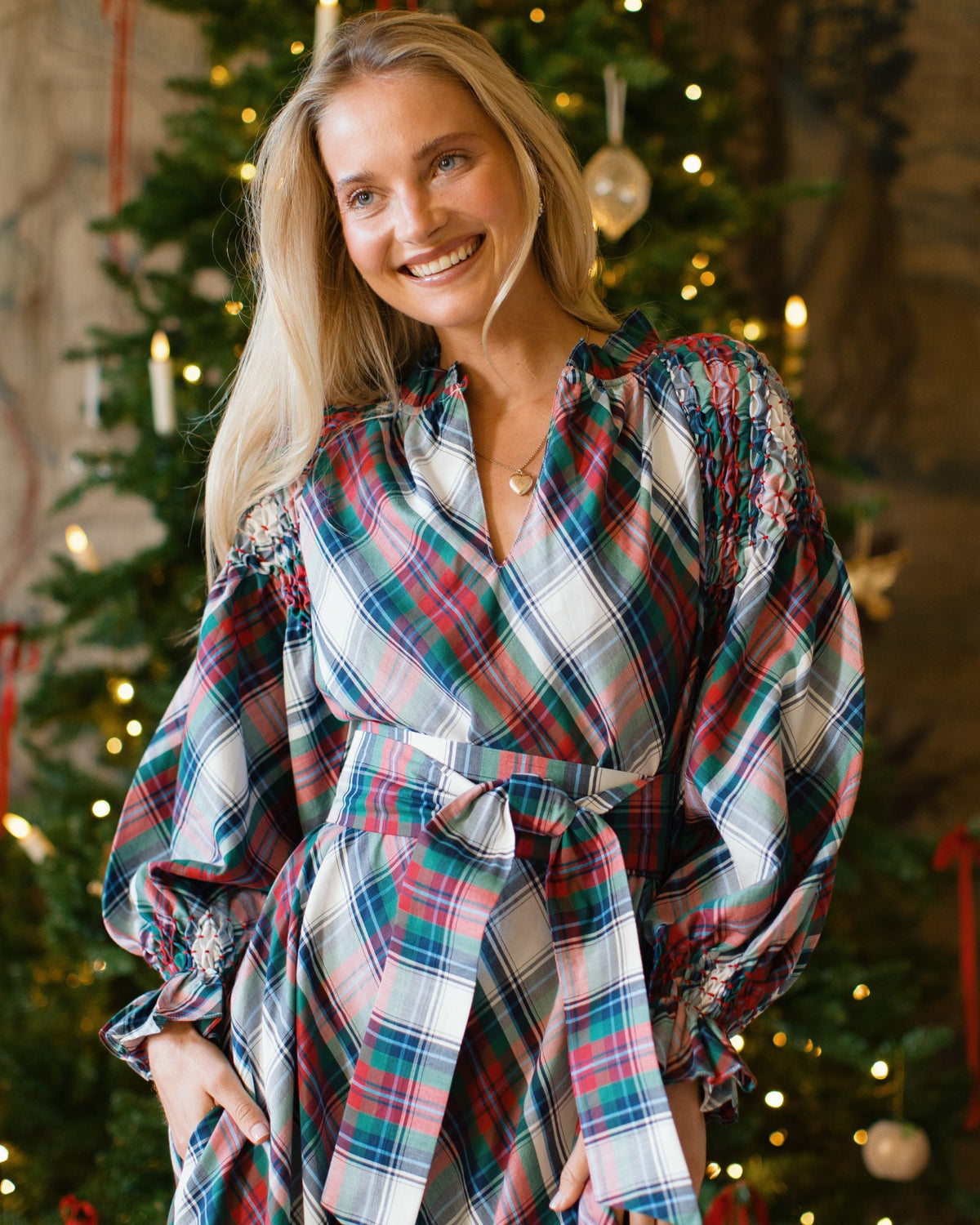Aloha Wanderwell Dress Macbeth Tartan with Holly Berry Hand Smocking