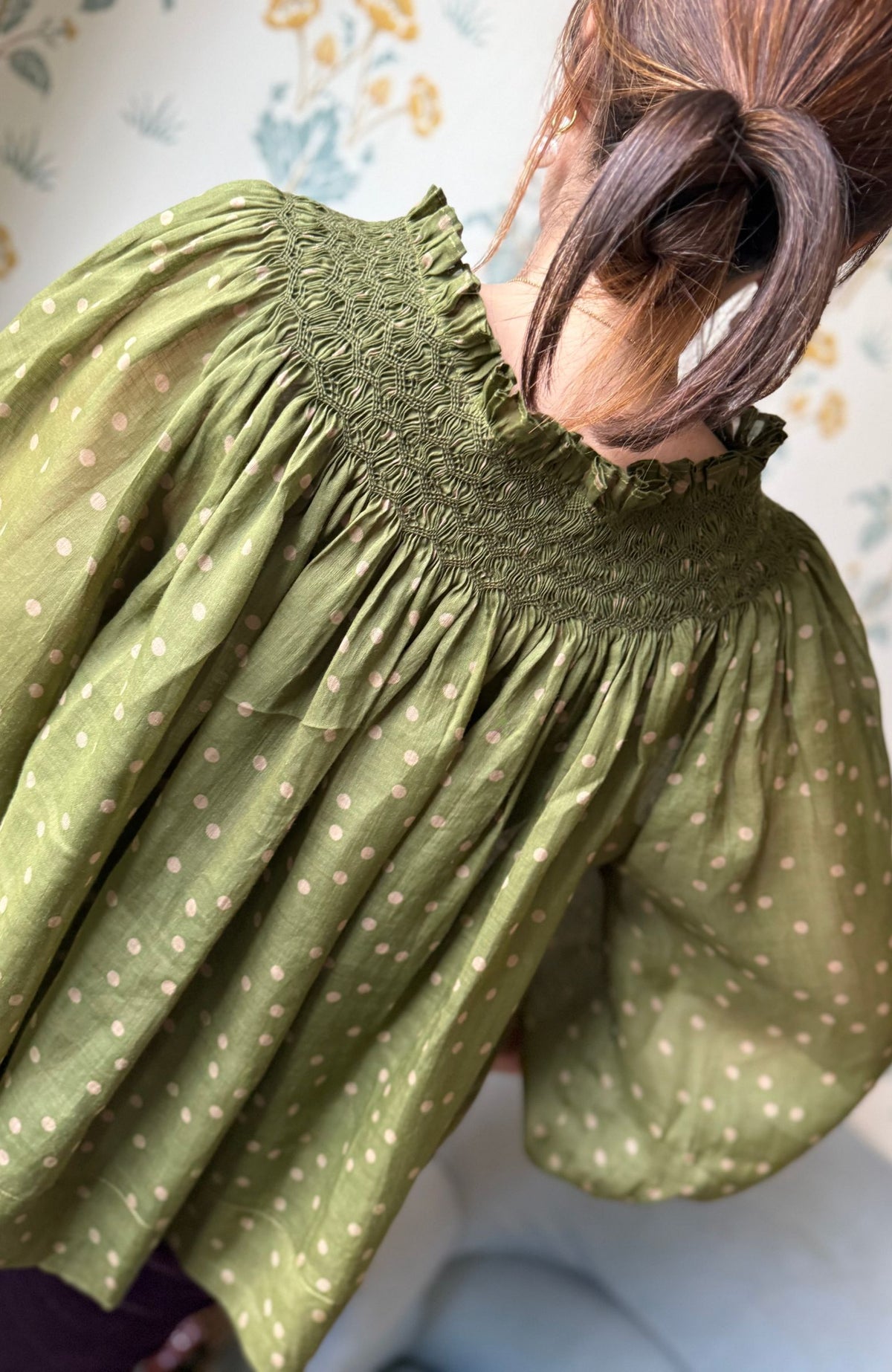 Cleopatra Jacket Woodland Spot Organdie with Hunter Green Hand Smocking Edition 3