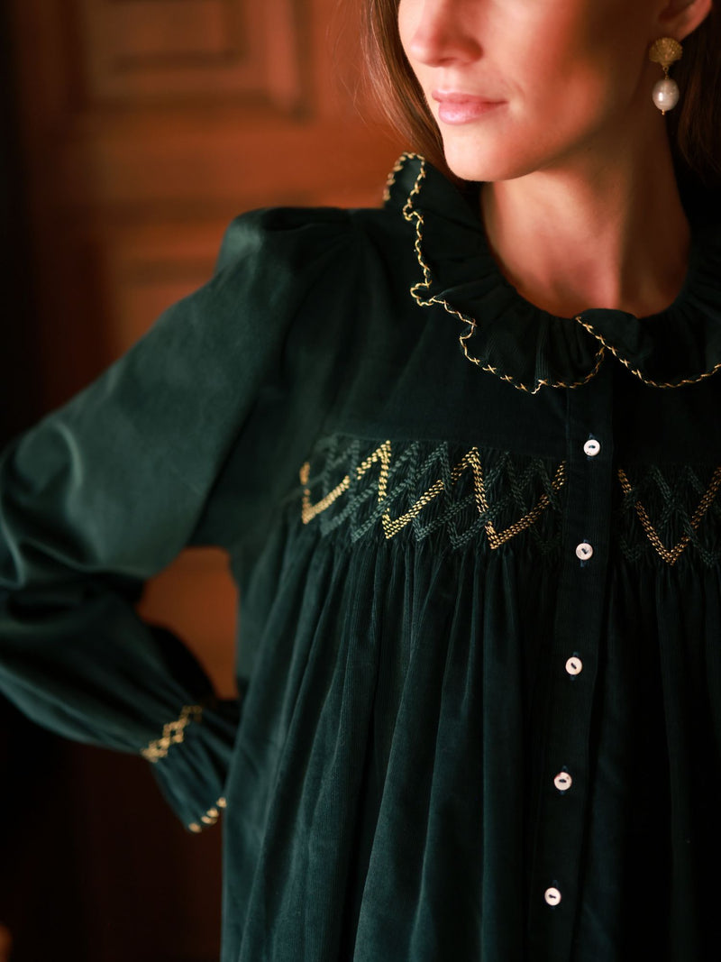 Betsy Fry Blouse Pine Tree Needlecord with Nordic Sparkle Hand Smocking