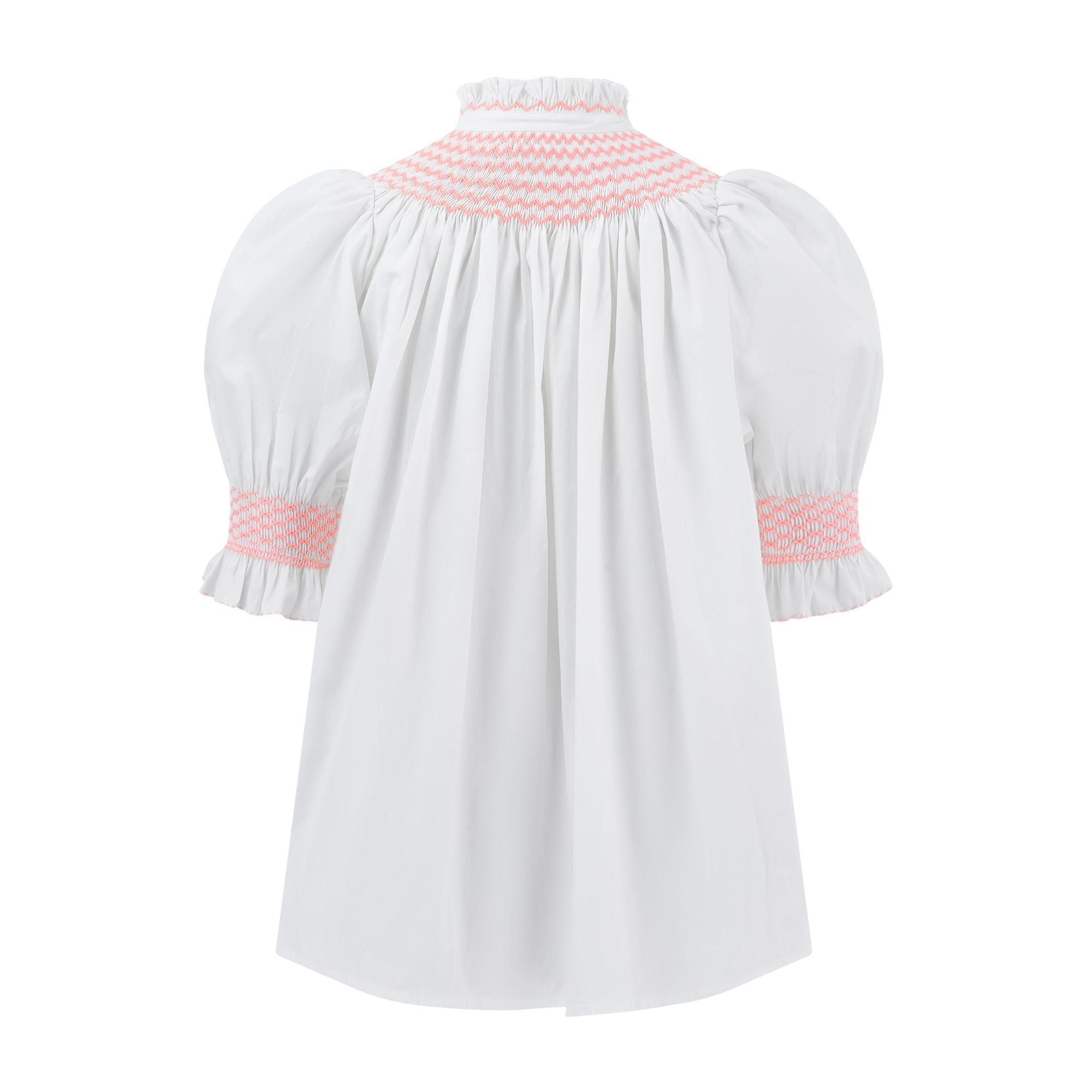 Scholl Women's Summer Blouse White with Coral Hand Smocking