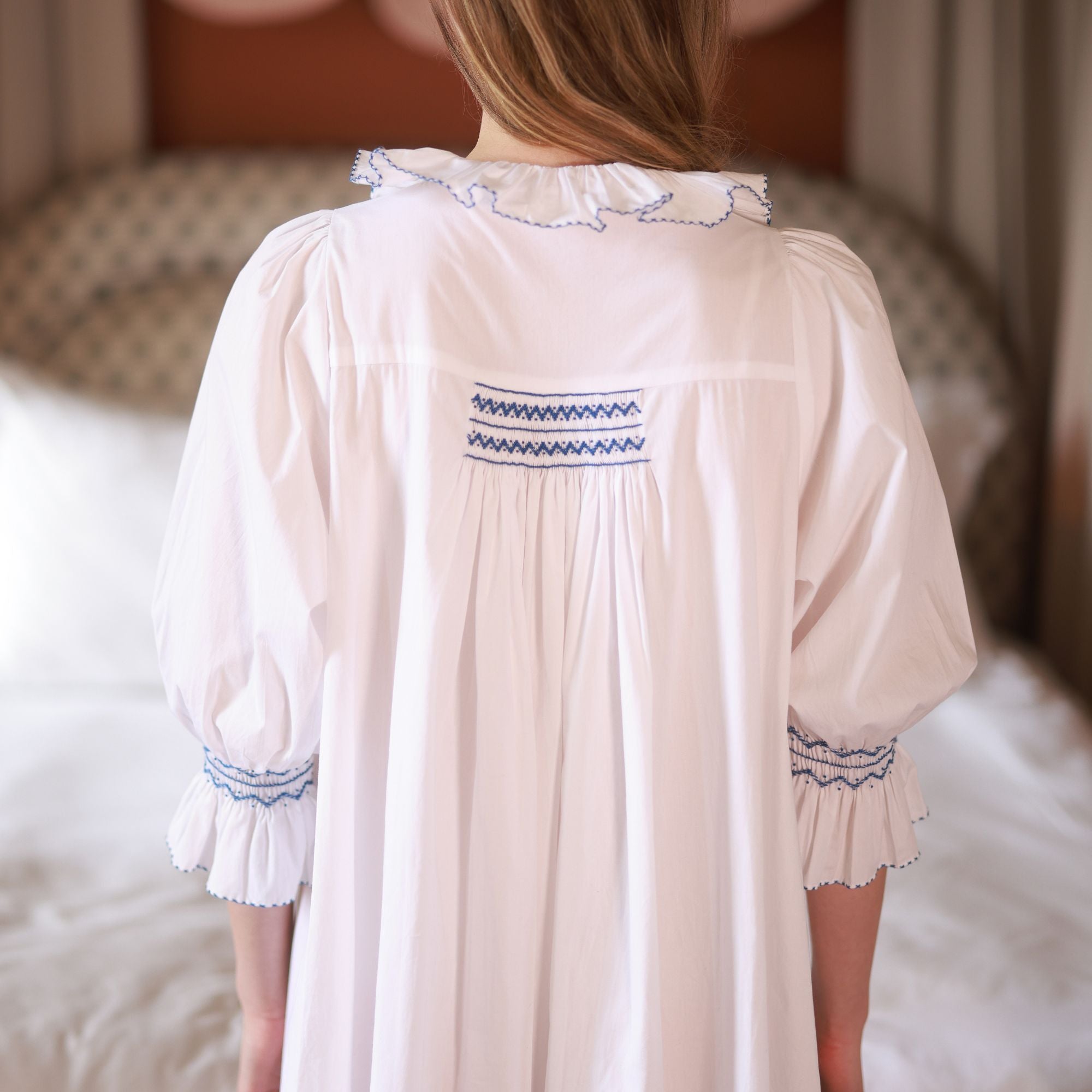 S/M Bessie Coleman Women's Dress Moonstone Cotton with Sapphire Hand Smocking