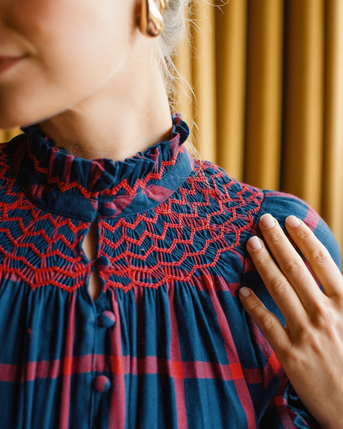 Colette Dress Chelsea Check with Crimson Hand Smocking