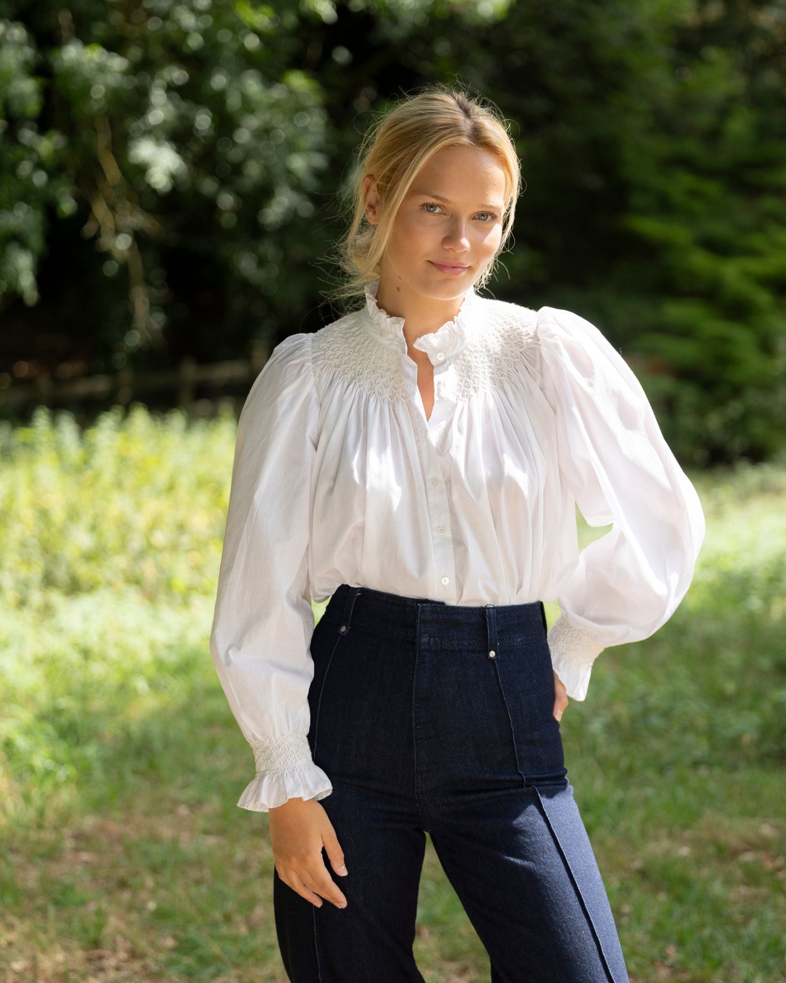 Scholl Women's Blouse White with Ivory Hand Smocking