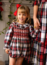Jane Austen Romper Stewart Tartan with Sleigh Bell Hand Smocking