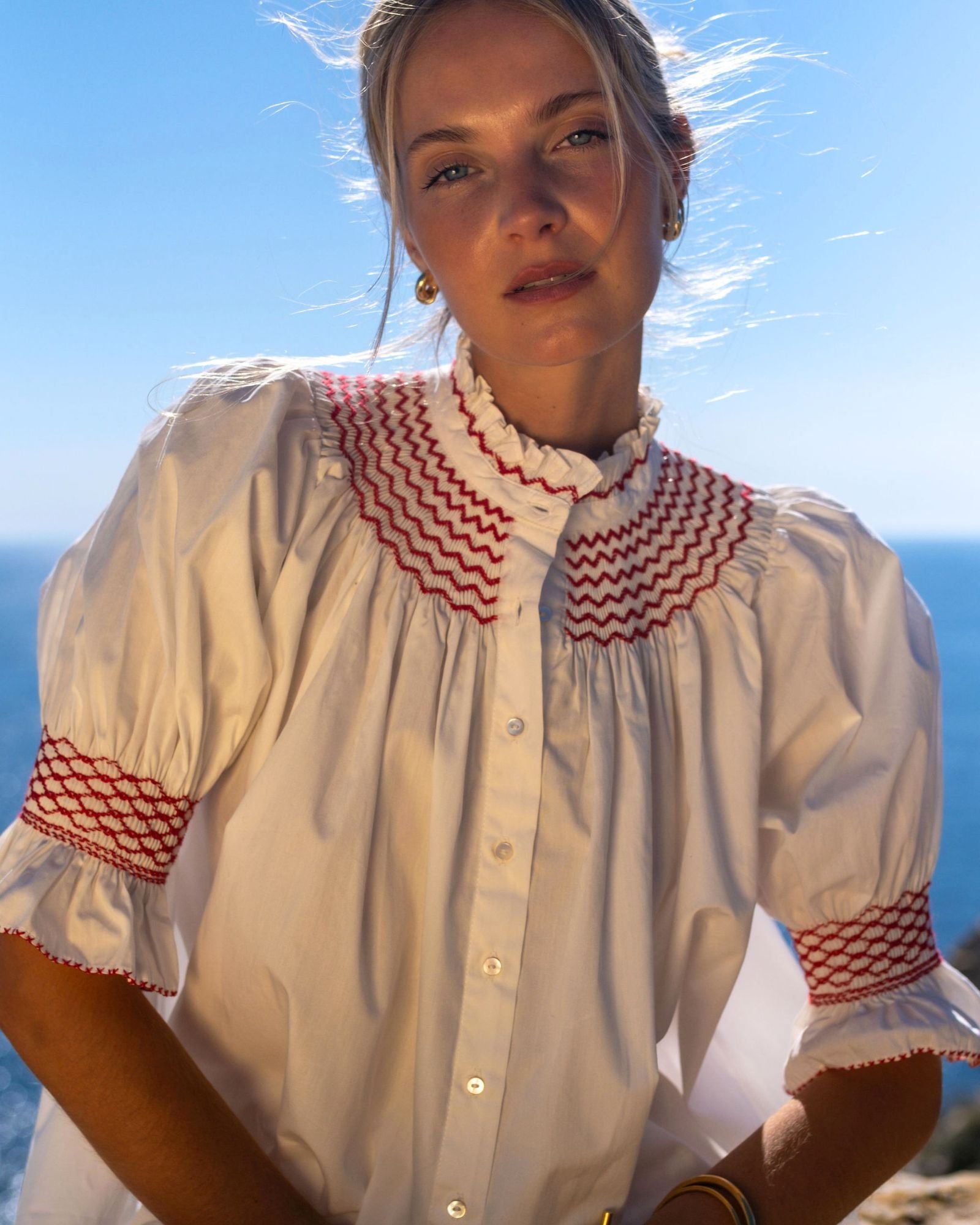 Scholl Women's Summer Blouse White with Pillar Box Red Hand Smocking