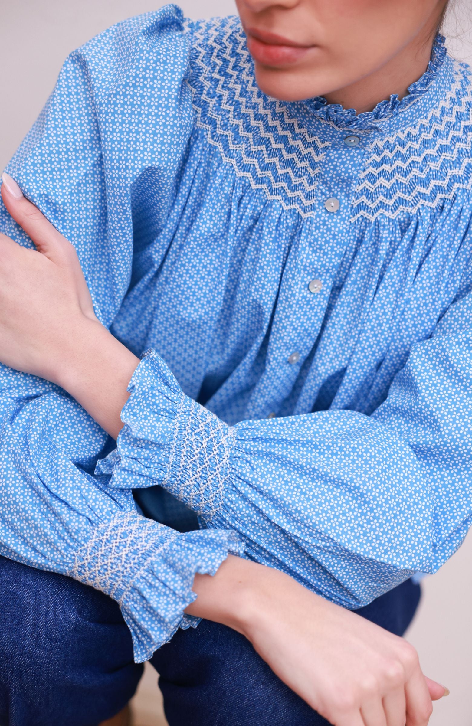 Pom x Smock London Scholl Blouse Paperwhite Ditsy with Snowdrop Hand Smocking Edition 61