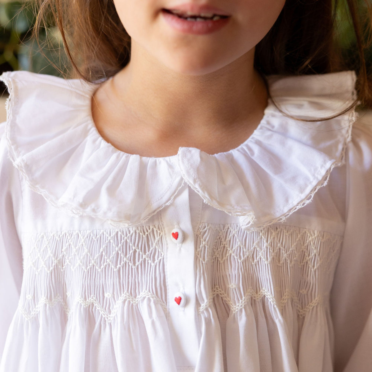 3-4 & 4-6y Nightingale Girl's Dress Moonstone Cotton with Lattice Smocking and Embroidered Heart Buttons