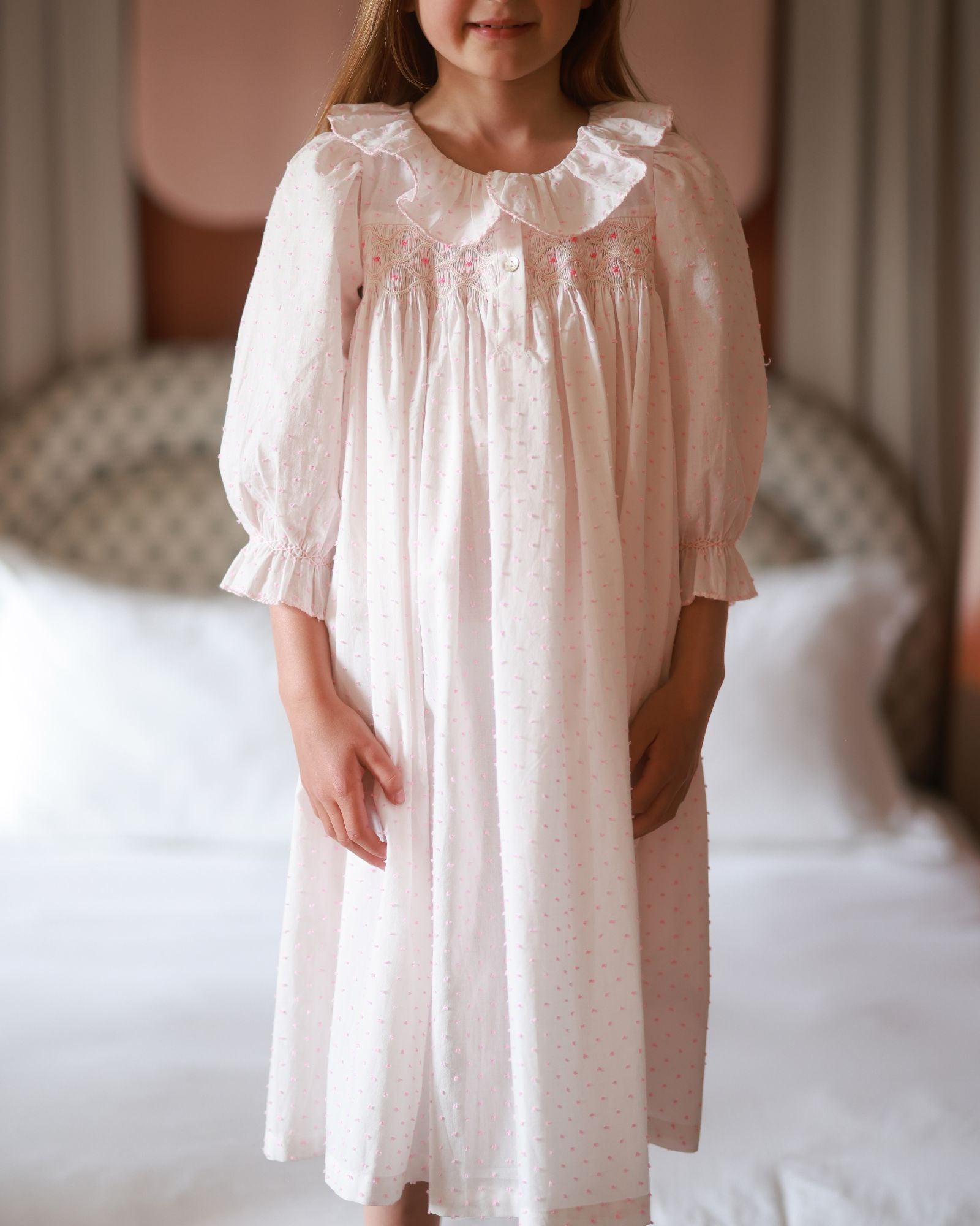 Nightingale Girl's Dress Powder Puff Plumetti with Marshmallow Hand Smocking