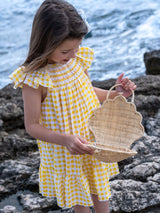 2-3y Indira Gandhi Flutter Dress Yellow Submarine Seersucker with Lychee Lemonade Hand Smocking