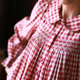 Marie Curie Blouse Cranberry Check with Snow Berry Hand Smocking