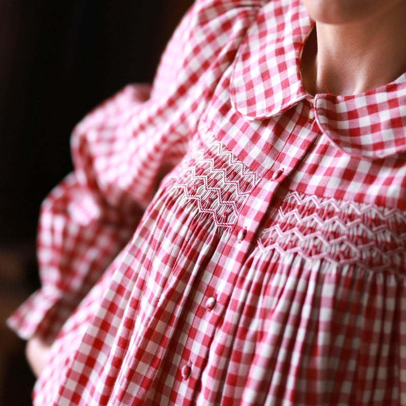 Marie Curie Blouse Cranberry Check with Snow Berry Hand Smocking