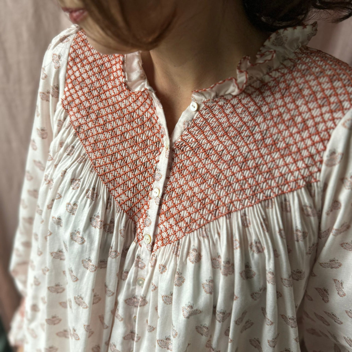 Large Rosa Parks Blouse Terracotta Paisley Brushed Cotton With Butterscotch Smocking Edition 6