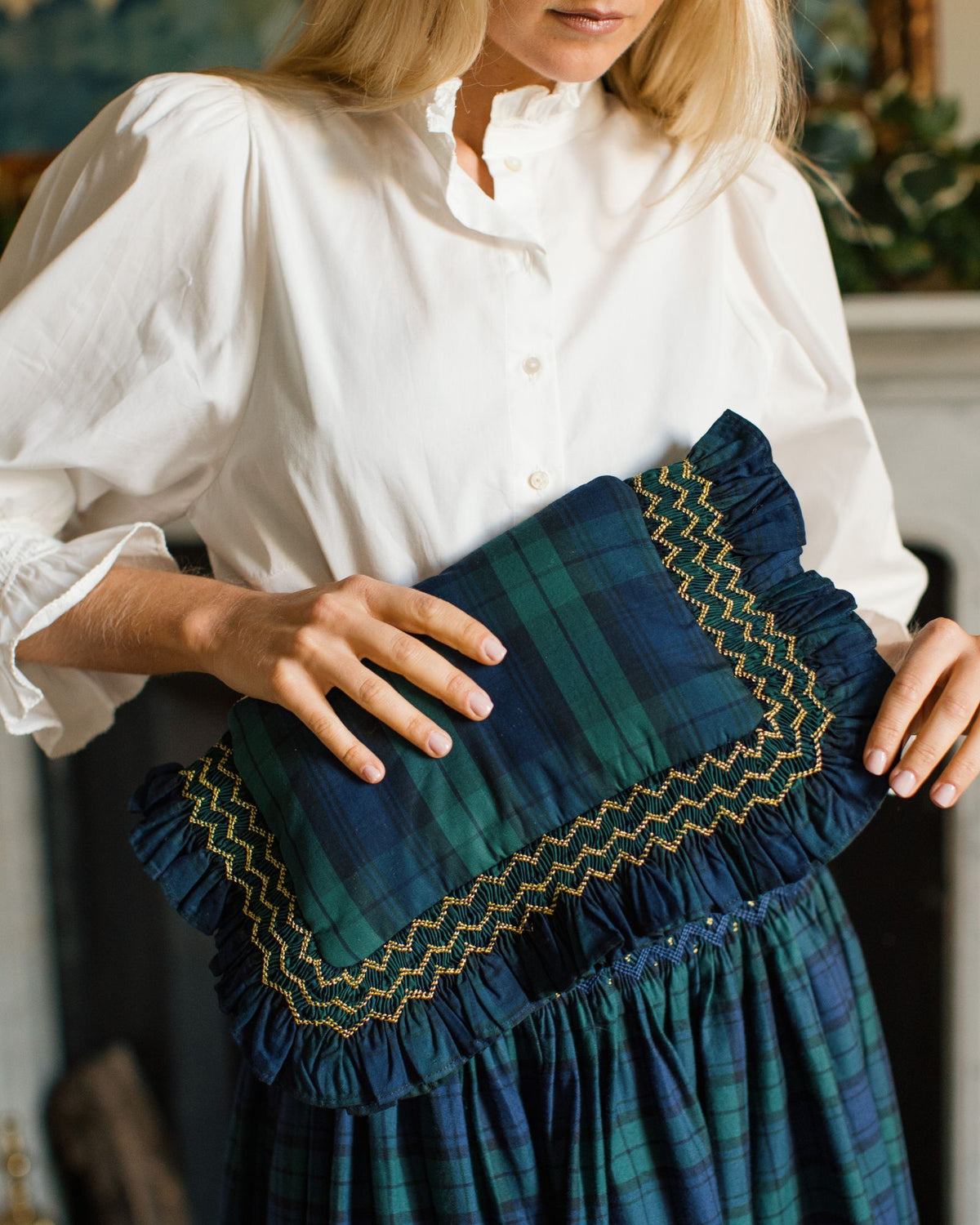 The Dolly Clutch Black Watch Tartan with Midnight Star Hand Smocking