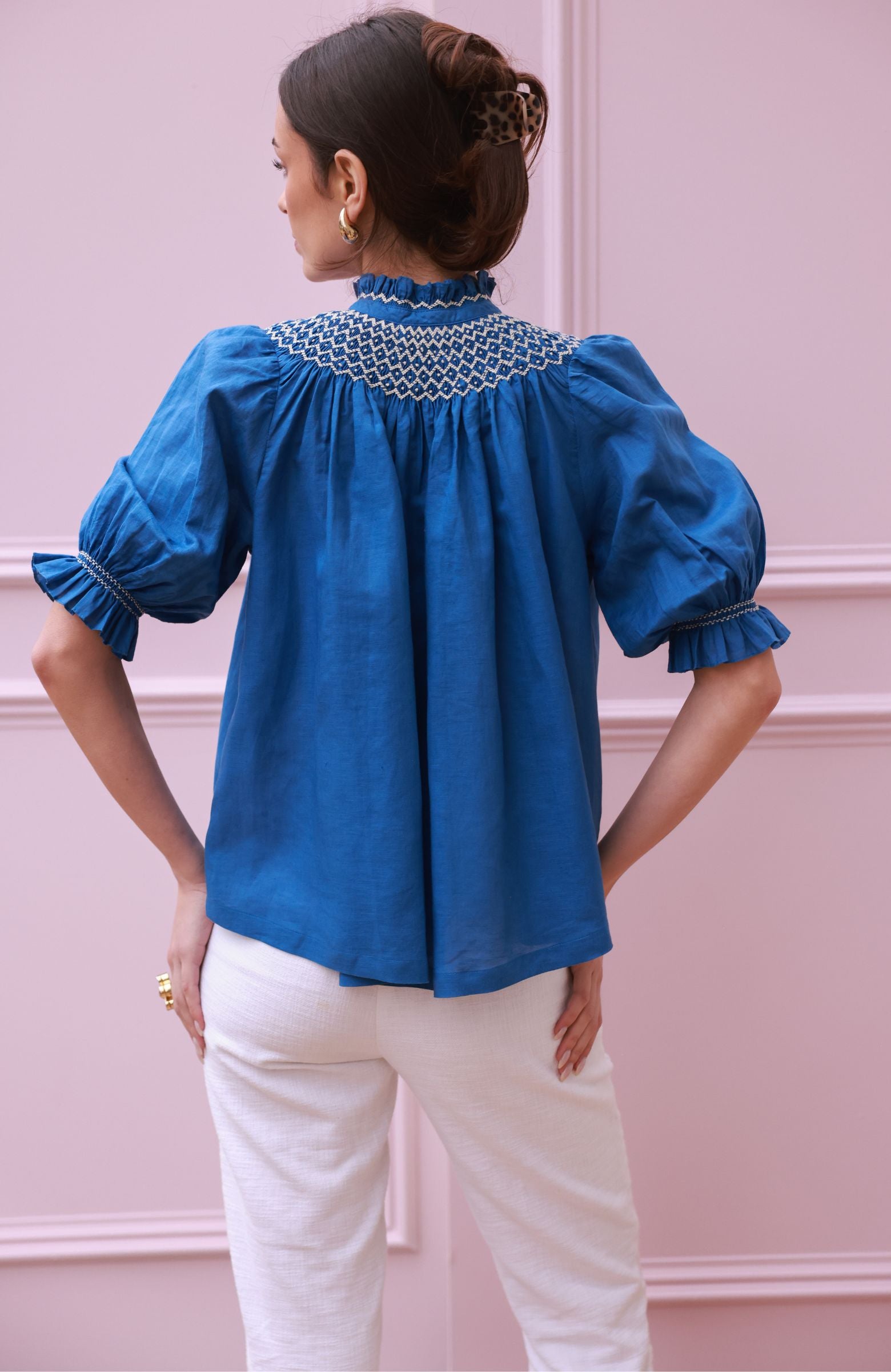 Scholl Blouse Cobalt Linen with Vanilla Hand Smocking Edition 54