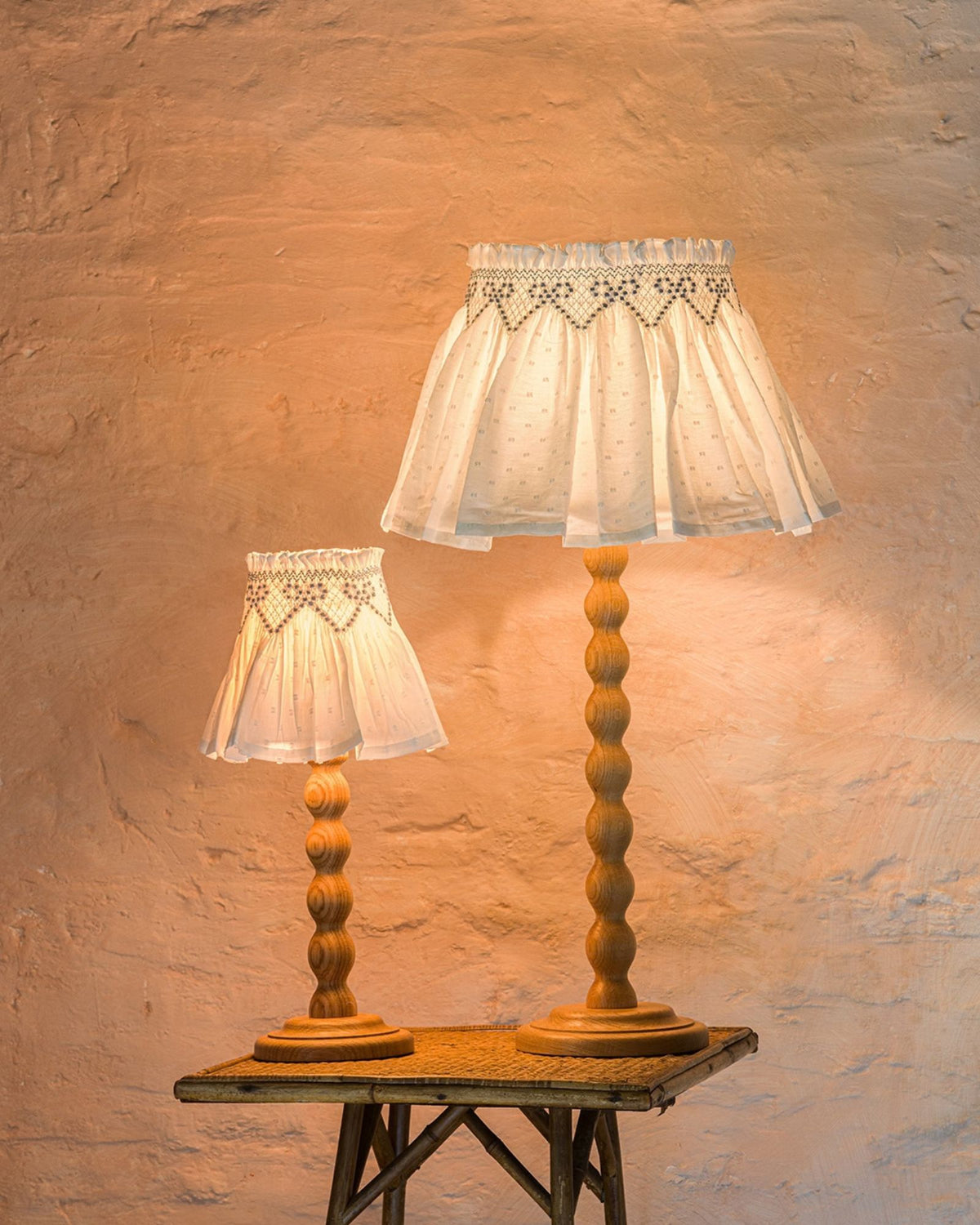 Edit58 x Smock London Elsie Lampshade White Plumetti with Cornflower Ribbons Hand Smocking