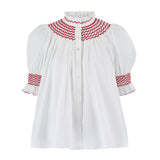 Scholl Women's Summer Blouse White with Pillar Box Red Hand Smocking