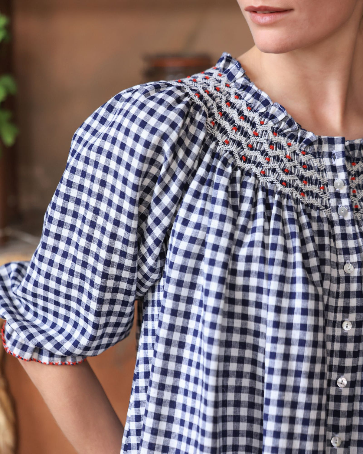 Cleopatra Blouse Navy Gingham with Red Hot Poker Hand Smocking Edition 54