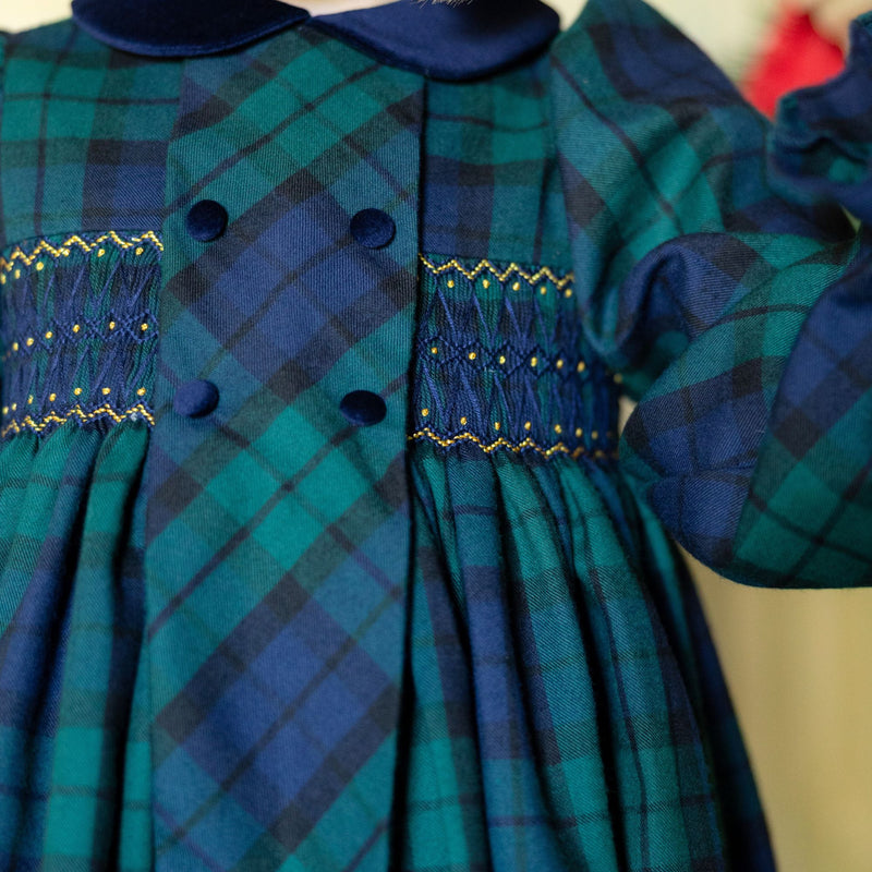 Margaret Thatcher Romper Black Watch Tartan with Golden Glimmer Hand Smocking