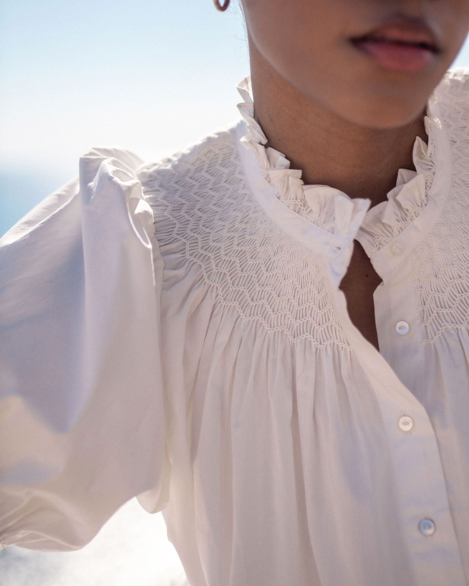 Scholl Women's Summer Blouse White with Ivory Hand Smocking Edition 9