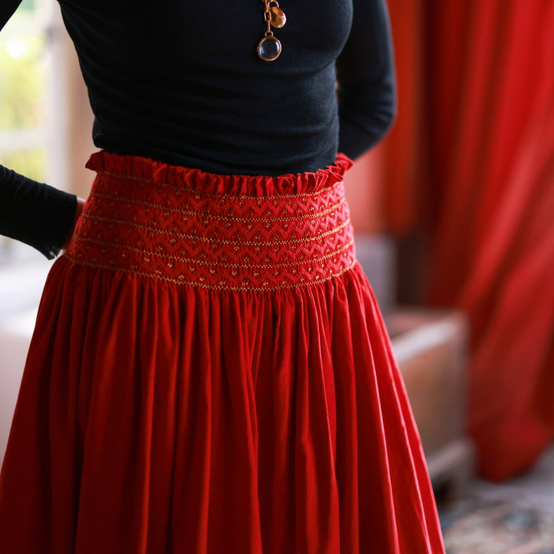 Sullivan Women's Skirt Crimson Needlecord with Gold Coin Hand Smocking