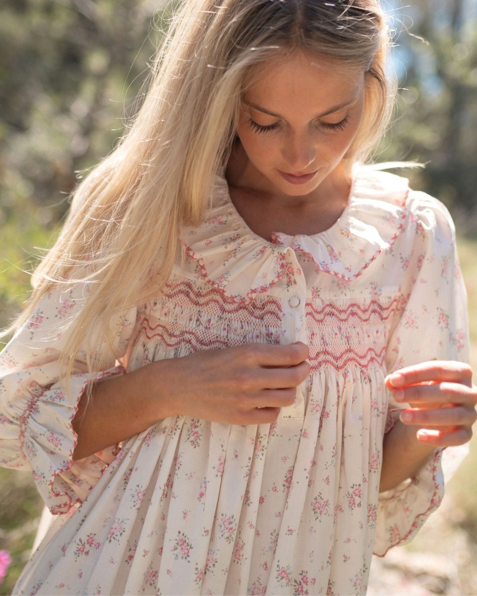 Nightingale Women's Dress Rosebud Chintz with Peony Hand Smocking
