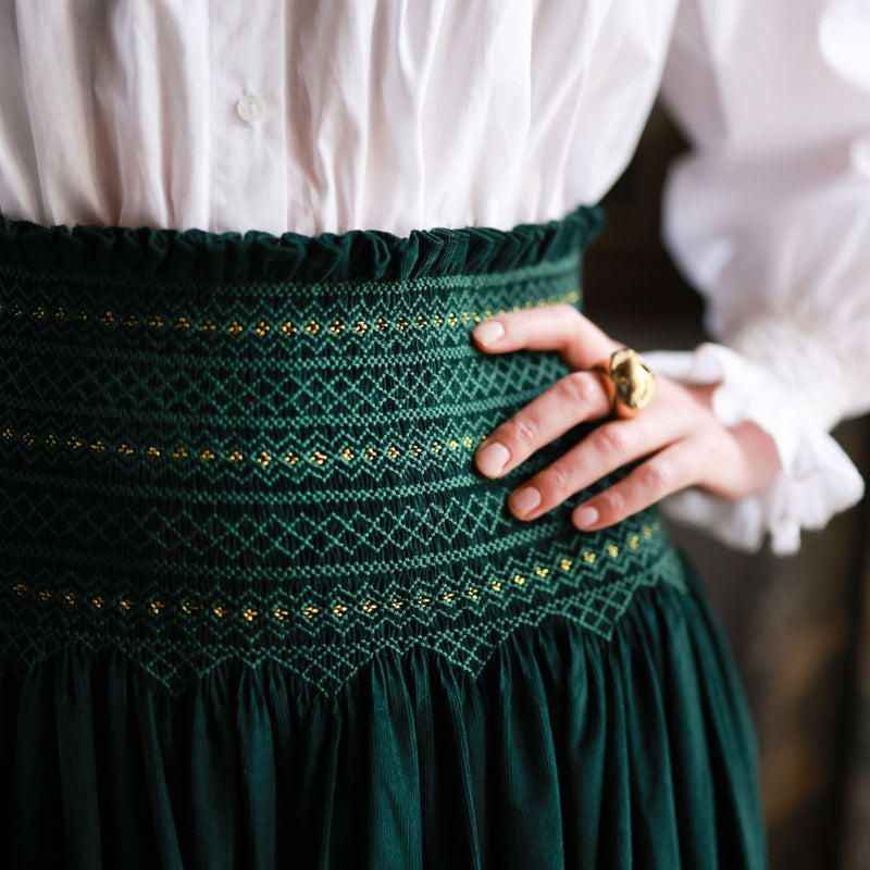 Sullivan Women's Skirt Pine Tree Needlecord with Nordic Sparkle Hand Smocking