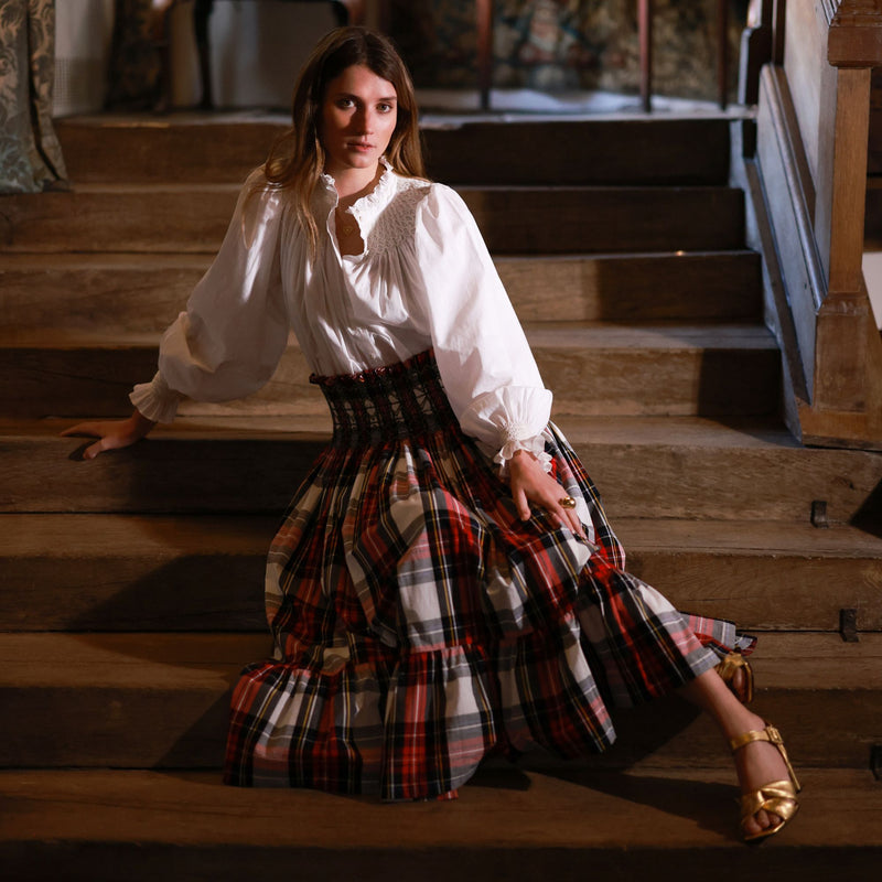 Sullivan Women's Skirt Royal Tartan with Black Gold Hand Smocking