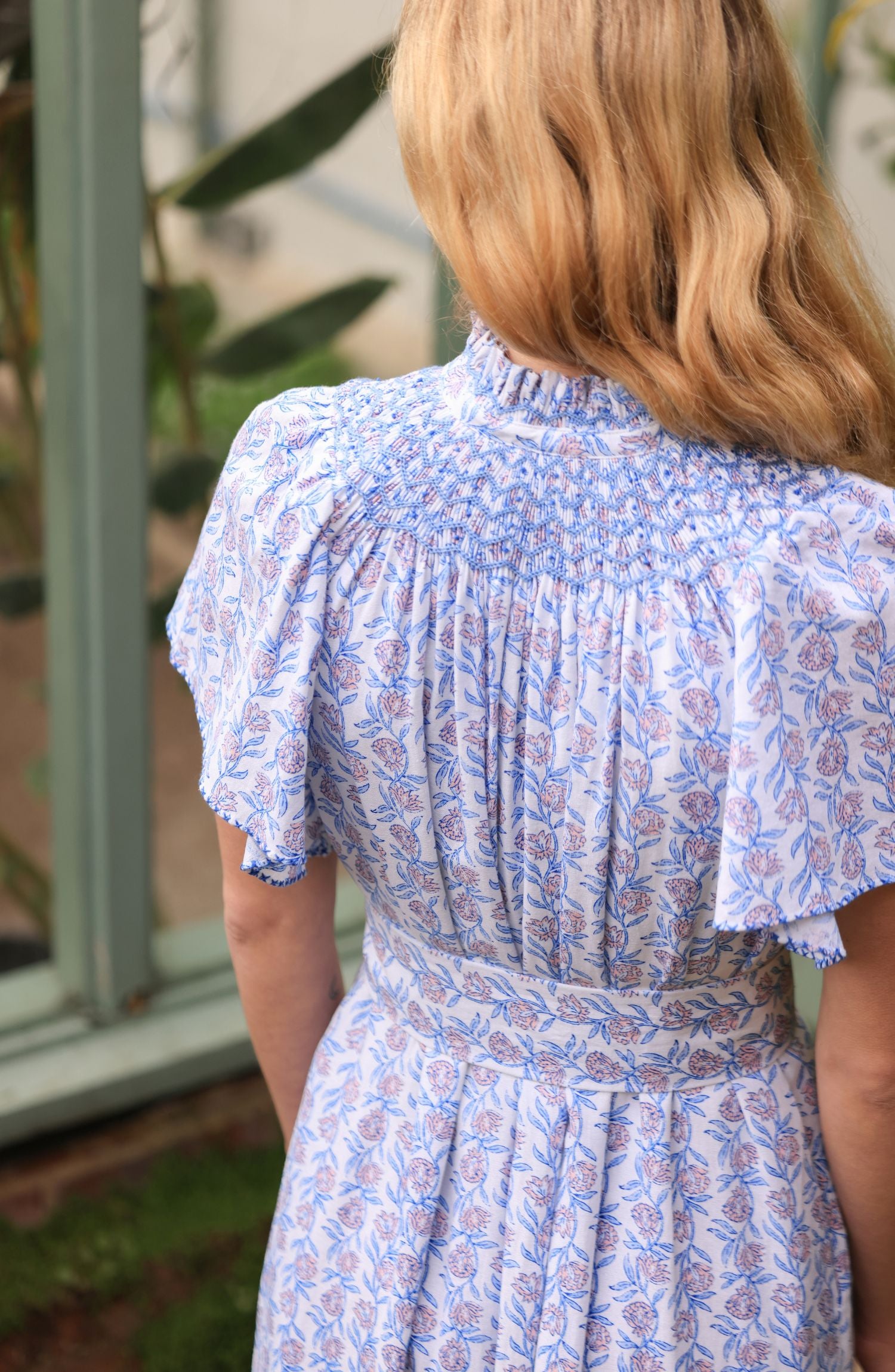Colette Dress Passionflower Trellis with Delphinium Blue Hand Smocking
